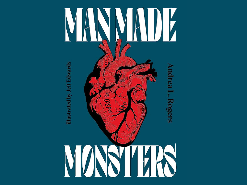 A book cover with illustration of heart and text that reads "man man monsters"
