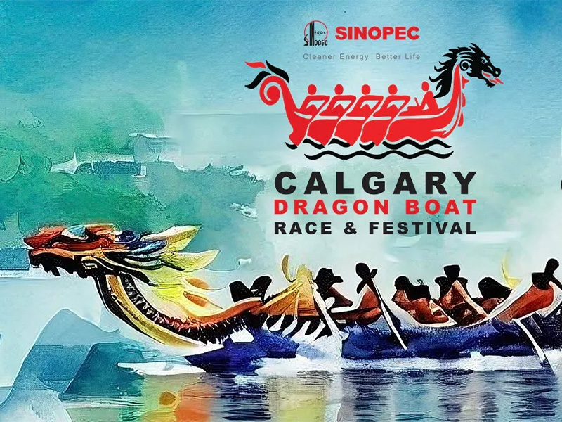 Illustrated graphic for The Calgary Dragon Boat Festival showing people rowing a dragon boat