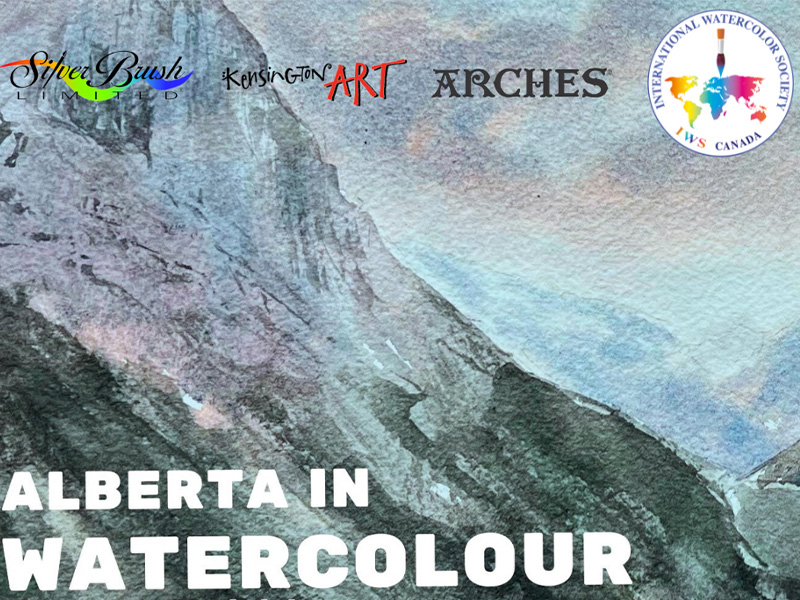 Image of a painted mountain with text reading Alberta in Watercolour