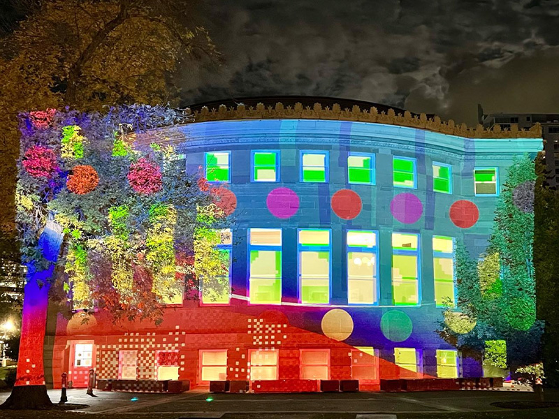 The Memorial Park Building alight with colourful displays for Night Light