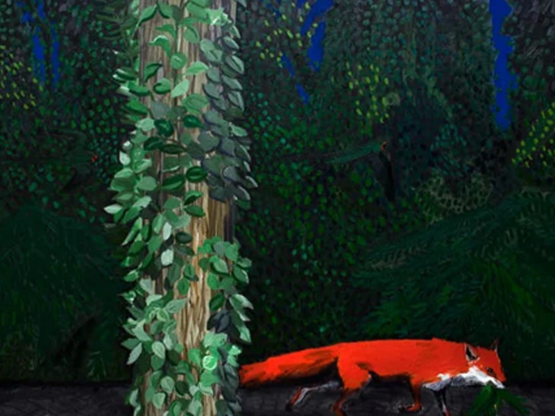 Painting of a red fox next to a tree against a black background